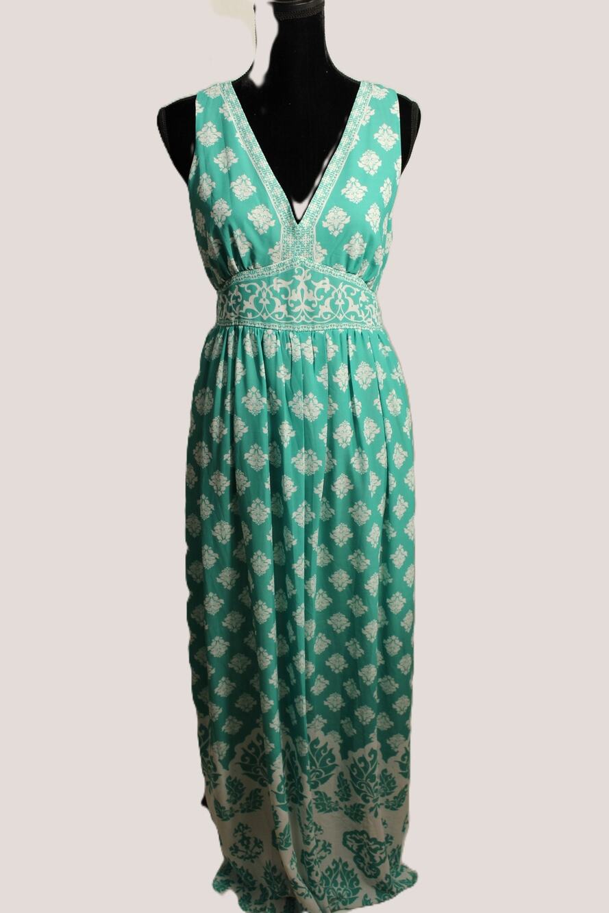 NWT A.Calen by Flying Tomato Green Damask Print Maxi Dress Size L Sleeveless
